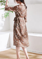 Chocolate Ruffled Patchwork Print Summer Ramie Dress Half Sleeve - bagstylebliss