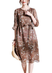 Chocolate Ruffled Patchwork Print Summer Ramie Dress Half Sleeve - bagstylebliss