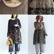 Chocolate vintage floral patchwork sweater dresses knit pullover shift dress