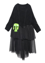 Christmas high neck patchwork tulle Sweater spring Beautiful black baggy knit dresses - bagstylebliss