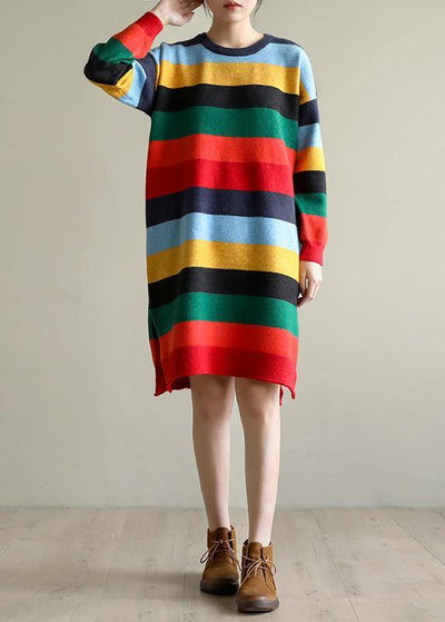Christmas rainbow striped Sweater knit top pattern Moda side open oversized spring knitted tops - bagstylebliss