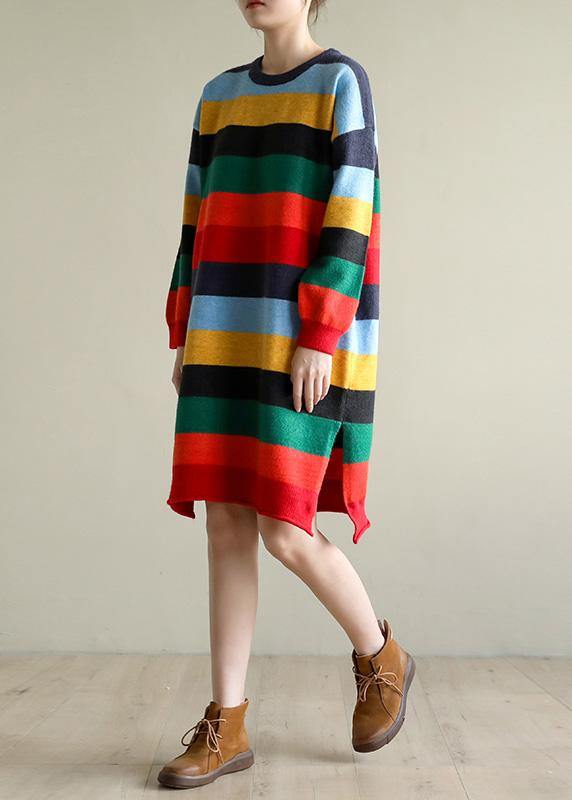 Christmas rainbow striped Sweater knit top pattern Moda side open oversized spring knitted tops - bagstylebliss