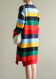 Christmas rainbow striped Sweater knit top pattern Moda side open oversized spring knitted tops - bagstylebliss