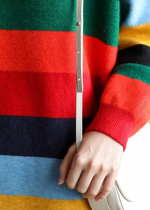 Christmas rainbow striped Sweater knit top pattern Moda side open oversized spring knitted tops - bagstylebliss