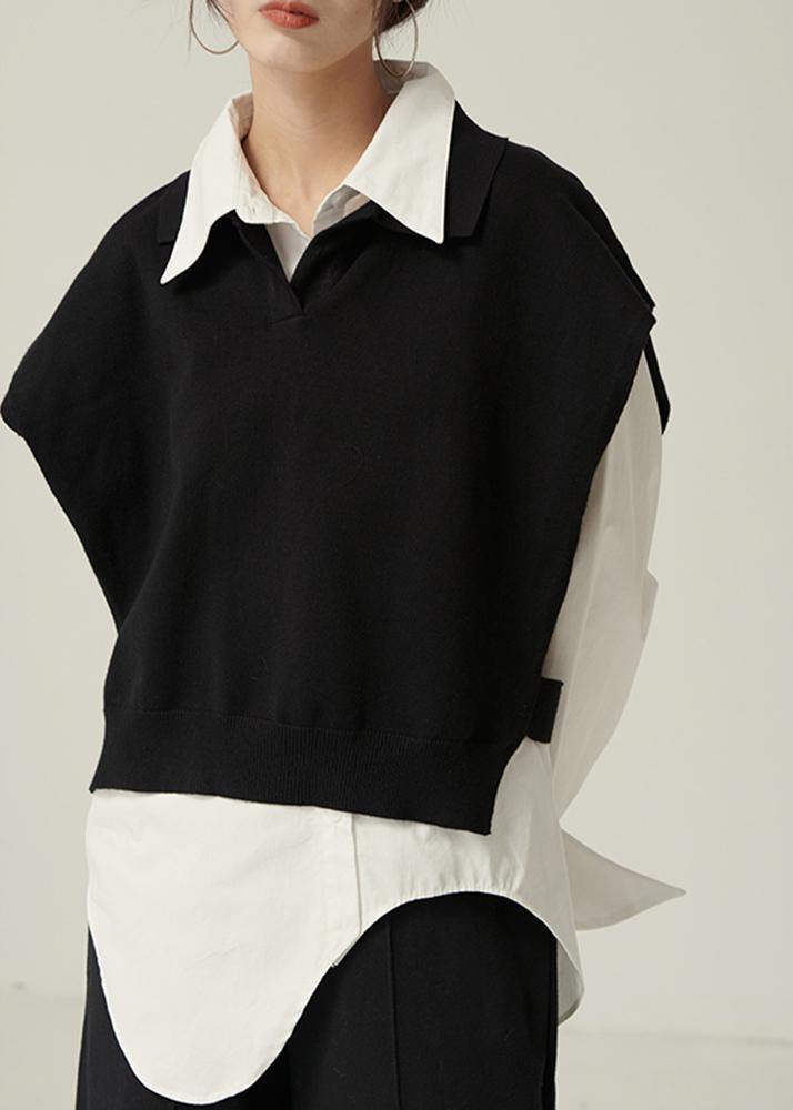 Chunky black knitwear plus size clothing lapel sleeveless tops - bagstylebliss