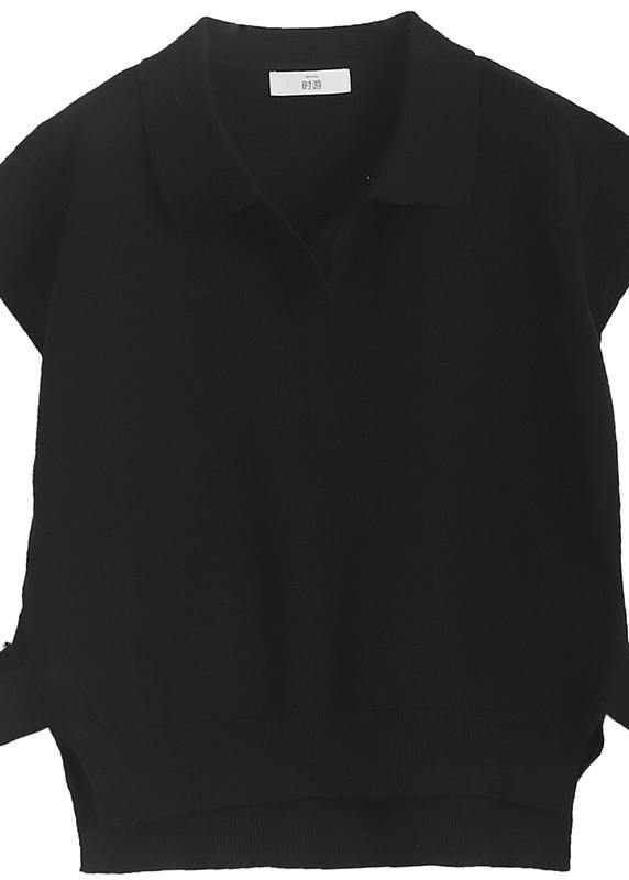Chunky black knitwear plus size clothing lapel sleeveless tops - bagstylebliss