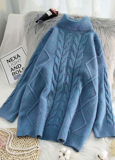 Chunky blue knit tops cable casual high neck knitwear - bagstylebliss
