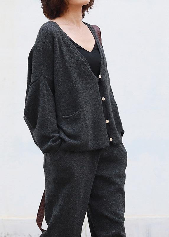 Chunky dark gray knit jacket casual v neck knitwear pockets - bagstylebliss