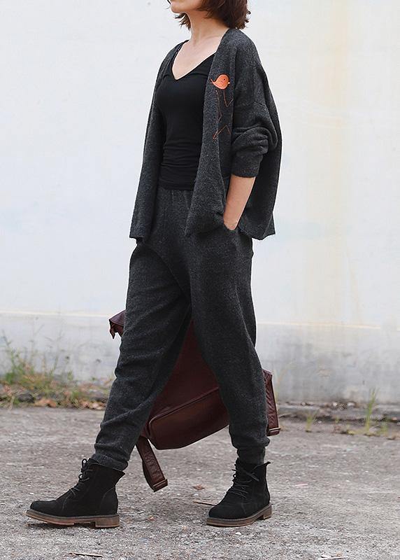 Chunky dark gray knit jacket casual v neck knitwear pockets - bagstylebliss