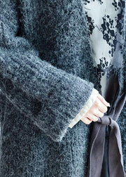 Chunky dark gray knitted outwear plus size clothing tie waist knit outwear - bagstylebliss