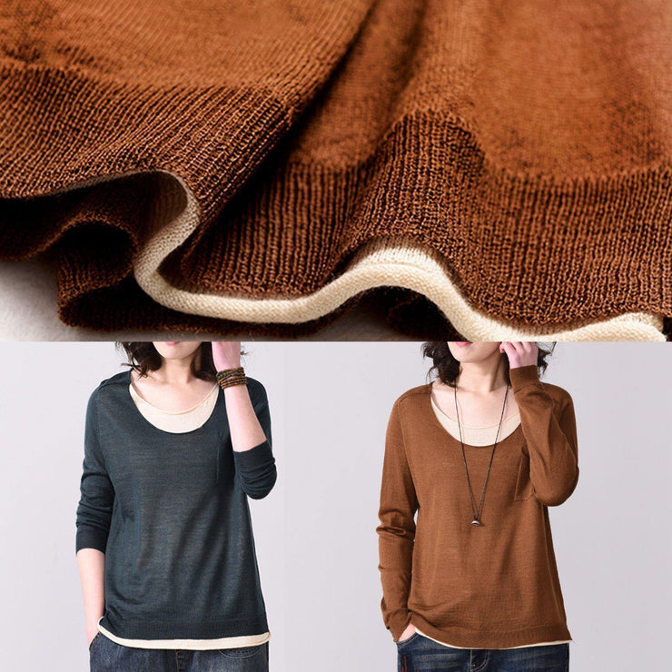 Chunky false two pieces knitted blouse fall fashion o neck sweater brown - bagstylebliss