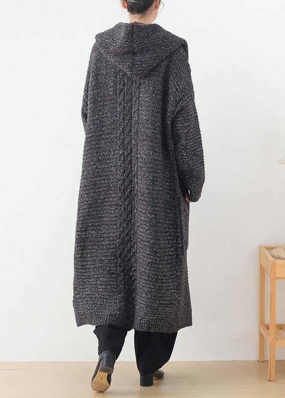 Chunky gray knitted cardigans plus size clothing hooded pockets knit outwear - bagstylebliss