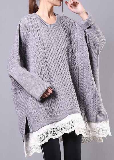 Chunky gray sweaters plus size clothing o neck Batwing Sleeve knit tops - bagstylebliss