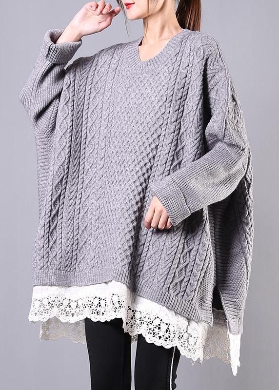 Chunky gray sweaters plus size clothing o neck Batwing Sleeve knit tops - bagstylebliss