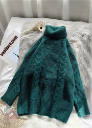 Chunky green knit blouse high neck thick oversize fall knit sweat tops - bagstylebliss