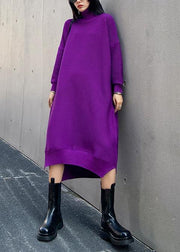 Chunky high neck low high design Sweater fall weather Upcycle purple oversized knitted dress - bagstylebliss