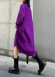 Chunky high neck low high design Sweater fall weather Upcycle purple oversized knitted dress - bagstylebliss