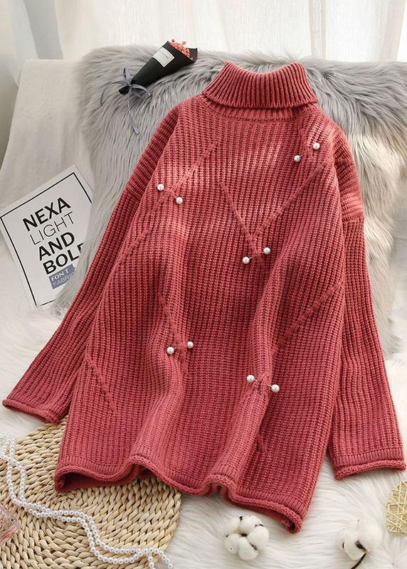 Chunky high neck red sweaters casual Rivet knit top silhouette - bagstylebliss