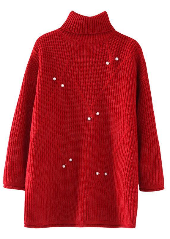 Chunky high neck red sweaters casual Rivet knit top silhouette - bagstylebliss