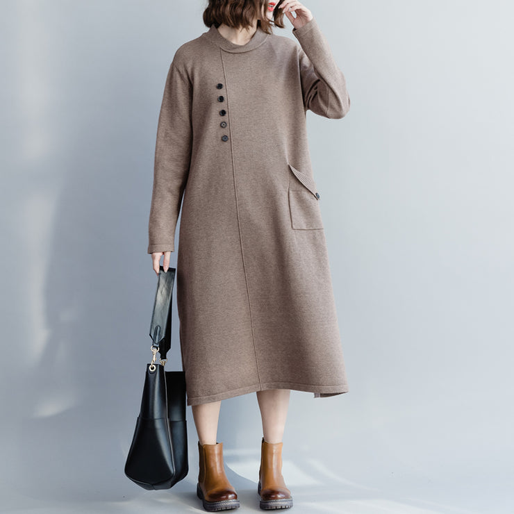 Klobiger Khaki-Pullover Kleiderschränke Street Style Strickkleid mit großen O-Halstaschen