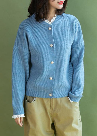 Chunky light blue sweater coat fall fashion ruffles collar sweaters - bagstylebliss
