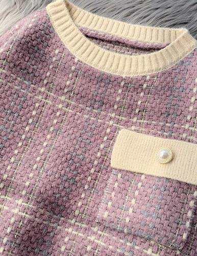 Chunky light purple plaid knitted blouse plus size o neck patchwork top - bagstylebliss