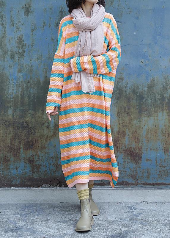 Chunky o neck Sweater side open dress outfit plus size striped baggy knitted tops - bagstylebliss