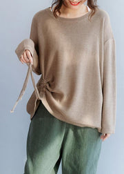 Chunky o neck khaki knit sweat tops fall fashion drawstring knit - bagstylebliss