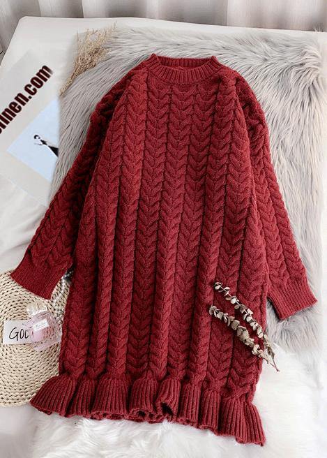 Chunky o neck thick Sweater fall Wardrobes Classy red Largo knitted dress - bagstylebliss