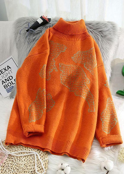 Chunky orange crane tops high neck oversize wild knitwear - bagstylebliss
