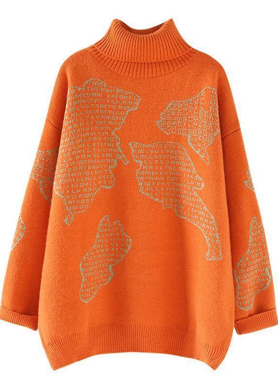 Chunky orange crane tops high neck oversize wild knitwear - bagstylebliss