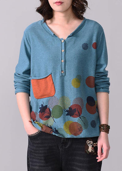 Chunky pockets prints knit t shirt Loose fitting blue v neck sweaters long sleeve - bagstylebliss