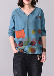 Chunky pockets prints knit t shirt Loose fitting blue v neck sweaters long sleeve - bagstylebliss