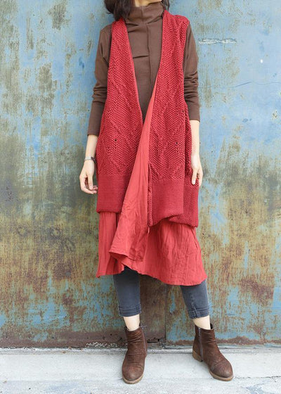 Chunky red knitted cardigans oversized sleeveless hollow out knit outwear - bagstylebliss