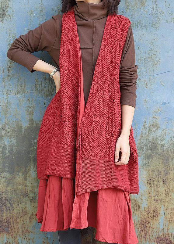 Chunky red knitted cardigans oversized sleeveless hollow out knit outwear - bagstylebliss