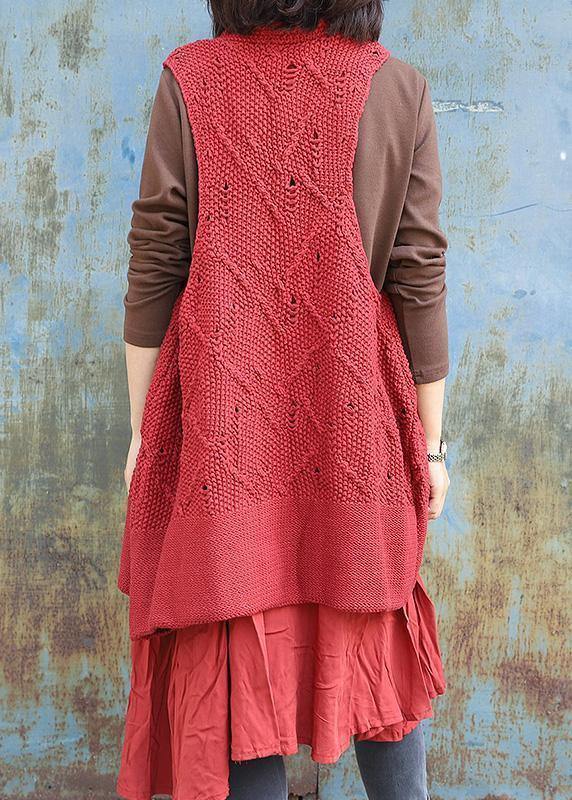 Chunky red knitted cardigans oversized sleeveless hollow out knit outwear - bagstylebliss