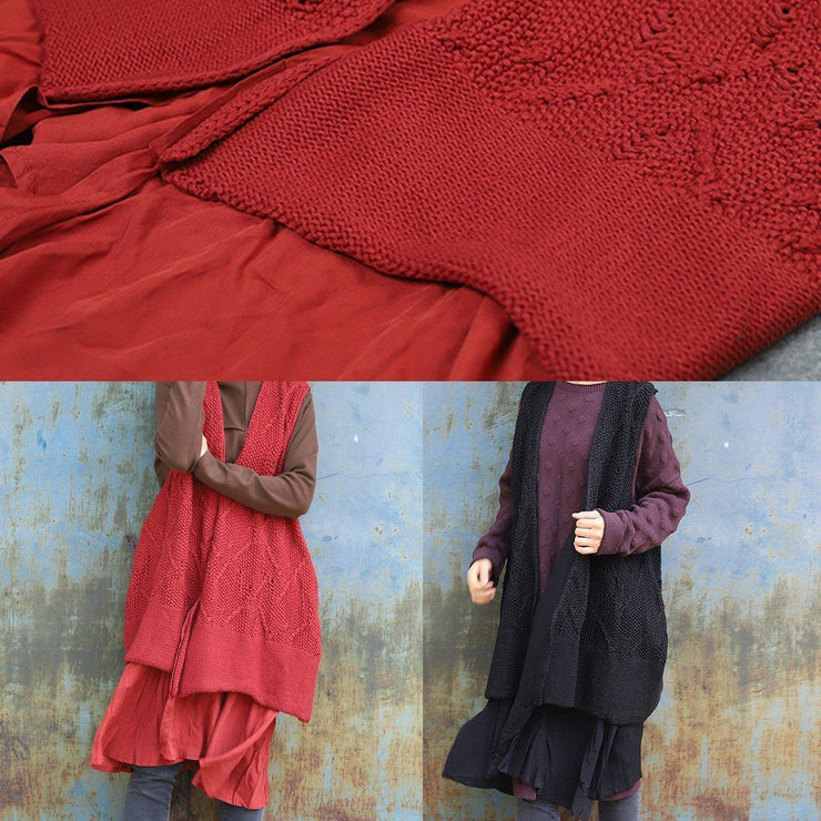 Chunky red knitted cardigans oversized sleeveless hollow out knit outwear - bagstylebliss