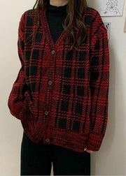 Chunky red plaid knit coats Loose fitting winter knit sweat tops v neck - bagstylebliss