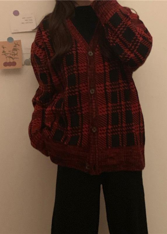 Chunky red plaid knit coats Loose fitting winter knit sweat tops v neck - bagstylebliss