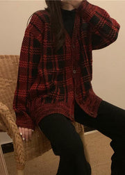 Chunky red plaid knit coats Loose fitting winter knit sweat tops v neck - bagstylebliss