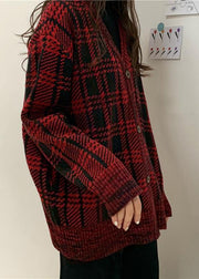 Chunky red plaid knit coats Loose fitting winter knit sweat tops v neck - bagstylebliss