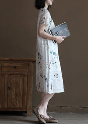 Classy Apricot Mandarin Collar Print Side Open Linen Chinese Style Dresses Short Sleeve