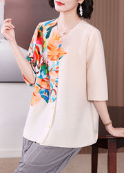 Classy Apricot O-Neck Print Button Shirt Half Sleeve