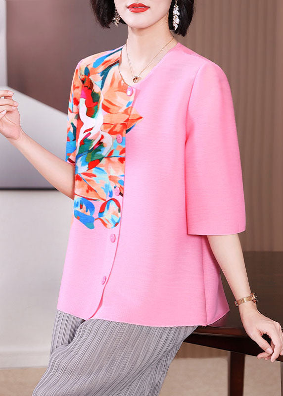 Classy Apricot O-Neck Print Button Shirt Half Sleeve