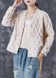 Classy Apricot Ruffles Patchwork Knit Cardigan Two Piece Set Fall