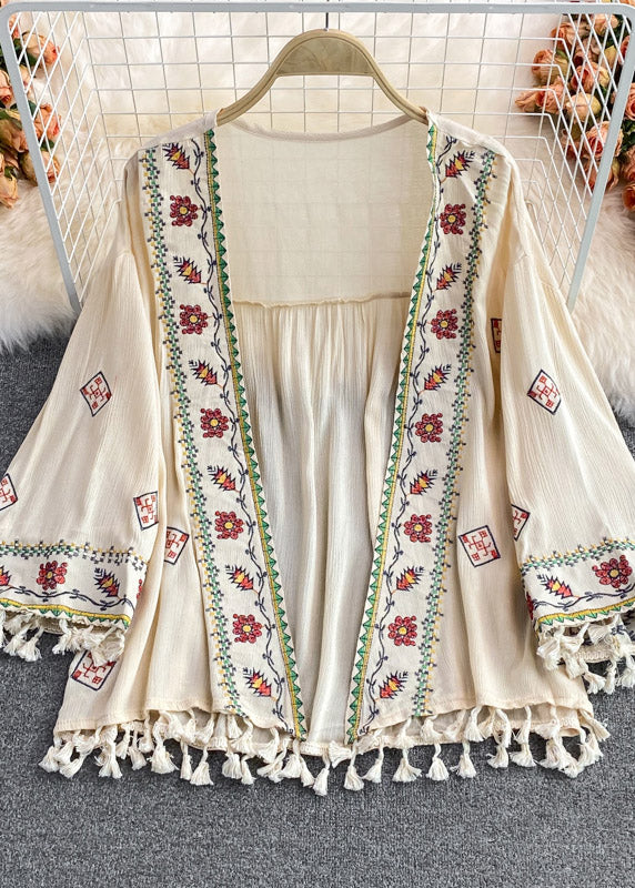 Classy Apricot V Neck Embroidered Tassel Cardigan Summer