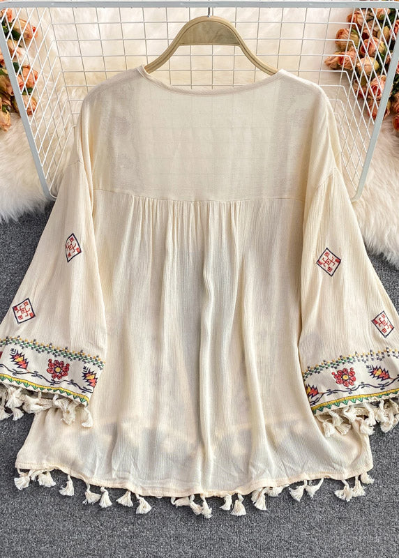 Classy Apricot V Neck Embroidered Tassel Cardigan Summer