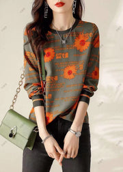 Classy Army Green fashion Print Cotton Tops Spring