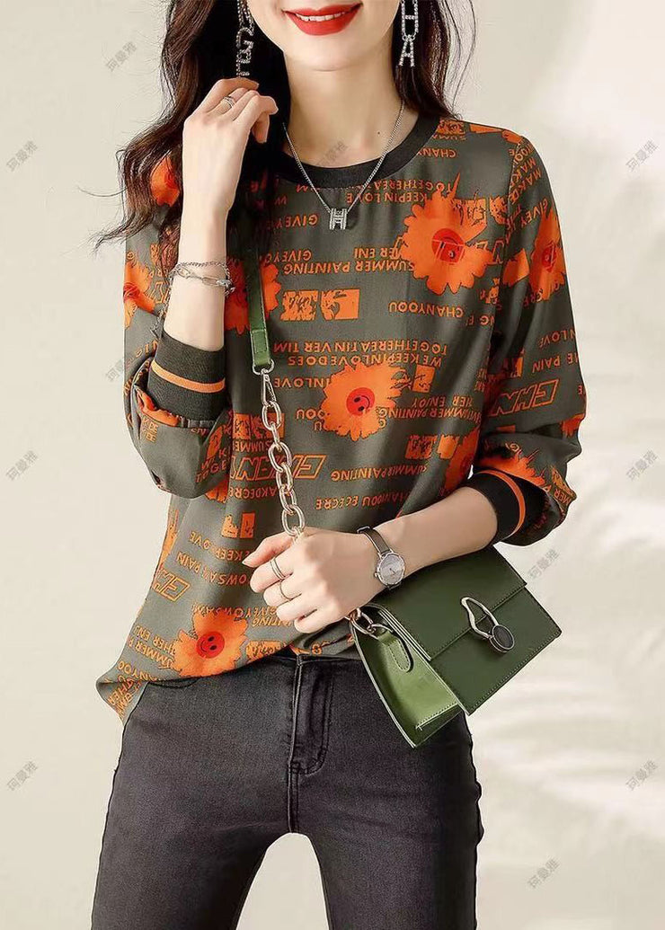 Classy Army Green fashion Print Cotton Tops Spring