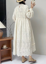 Classy Beige Embroideried Ruffled Lace Up Cotton Long Dress Spring